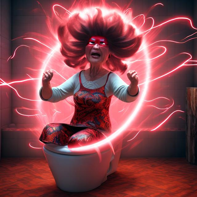 Prompt: grandma dancing on a toilet surrounded by hair spray, ultra realistic, shaders, red lightning, traditional japanese theme, dark