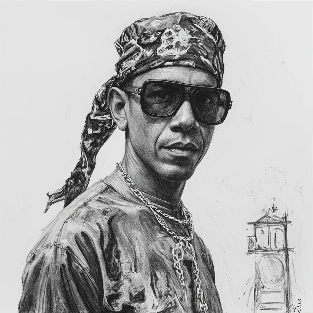 Prompt: barack obama wearing a du rag, wearing a gold chain, wearing street clothes, pen art