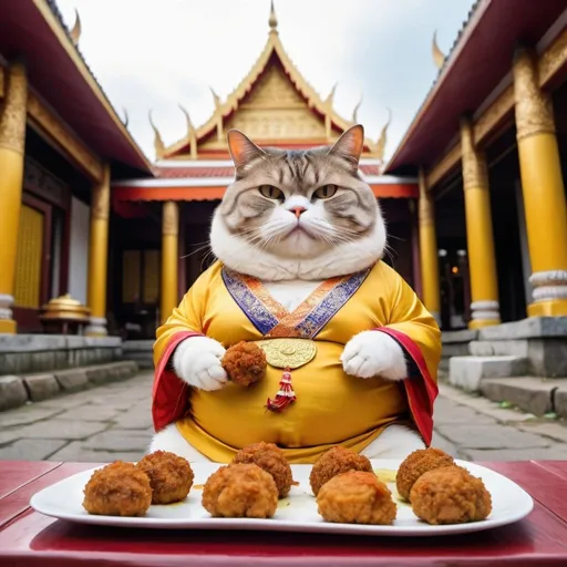 Prompt: A photo of a fat cat wearing a Thai outfit, sitting selling fried meatballs in front of a temple. It looks very realistic.