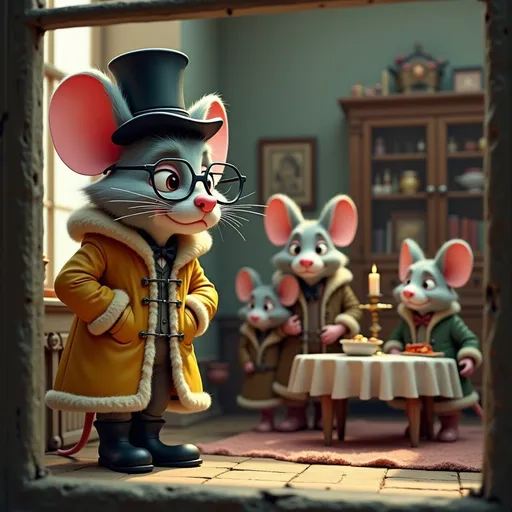Prompt: @3nbfwHUBlp1wMRbkmIm6 is looking through a window from outside. He has a sad expression. Inside a shabby house is a family of five mice in threadbare, shabby clothes that are brown, green and black. There is a table in the room but only a candlestick is on it. The father and mother mice are carrying casserole dishes.
