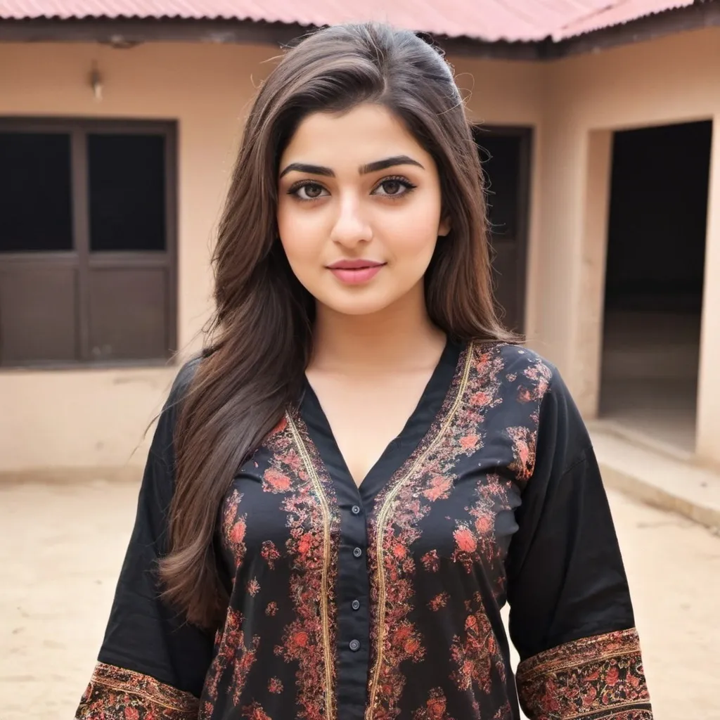 Prompt: A girl with beautiful face having black top and pajama standing in front of khadija