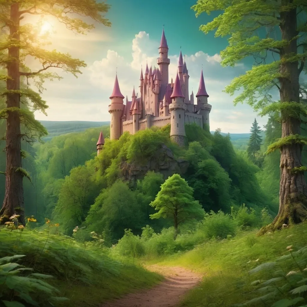 Prompt: Magical summer forest with castle in the background