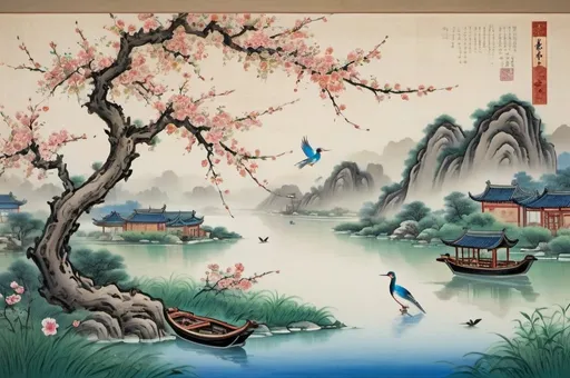Prompt: Chinese style painting of a bird sitting in a tree with flowers, some boats in a river, blue sky, green fields