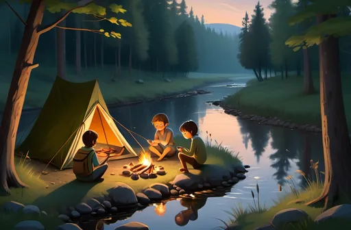 Prompt: One evening, a group of friends set up camp near a quiet, winding river deep in the forest. As the sun dipped below the trees, they lit a small campfire that crackled and flickered, casting a warm glow in the twilight. The soft murmur of the river flowing nearby mingled with the chirping of crickets and the occasional hoot of an owl.

Sitting around the fire, they toasted marshmallows and gazed at the sky as stars began to twinkle. The air smelled of pine and fresh earth, and the gentle breeze rustled the leaves above. The peaceful sounds of nature surrounded them, making them feel connected to the wilderness. With the fire’s warmth and the river’s soothing melody, they knew they were part of something timeless and beautiful.