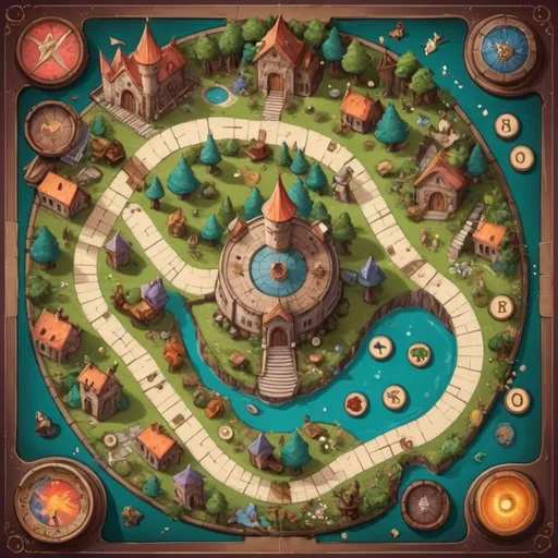 Prompt: a flat fantasy board game, fairytale art style, top view, fairytale