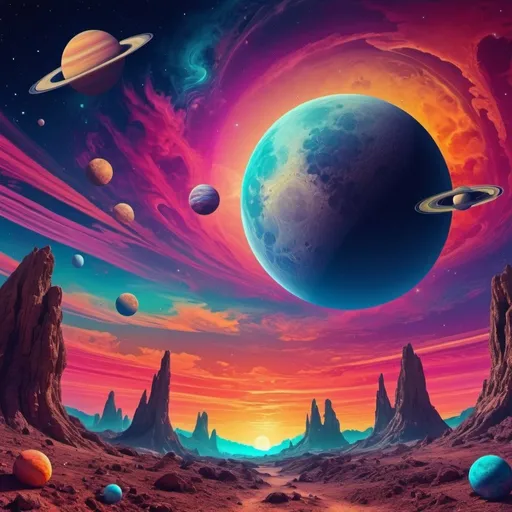 Prompt: Psychedelic sky with vibrant colors, moon, Saturn, planets, surrounding the sky, high quality, surreal, cosmic, colorful, moonlit, planetary, vibrant colors, surreal lighting, fantasy