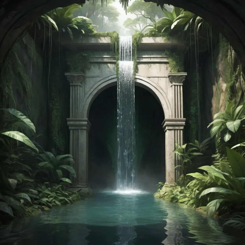 Prompt: fascist experimental, Access a secret jungle waterfall through a singular portal entrance