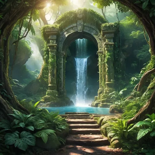 Prompt: Access a secret jungle waterfall through a singular portal entrance

