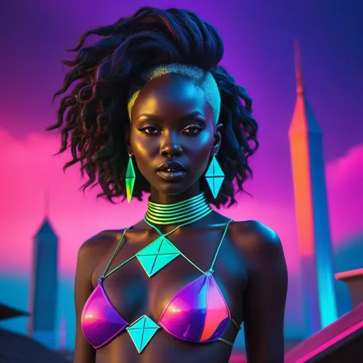 Prompt: synthwave nudist south sudanese gothic girl