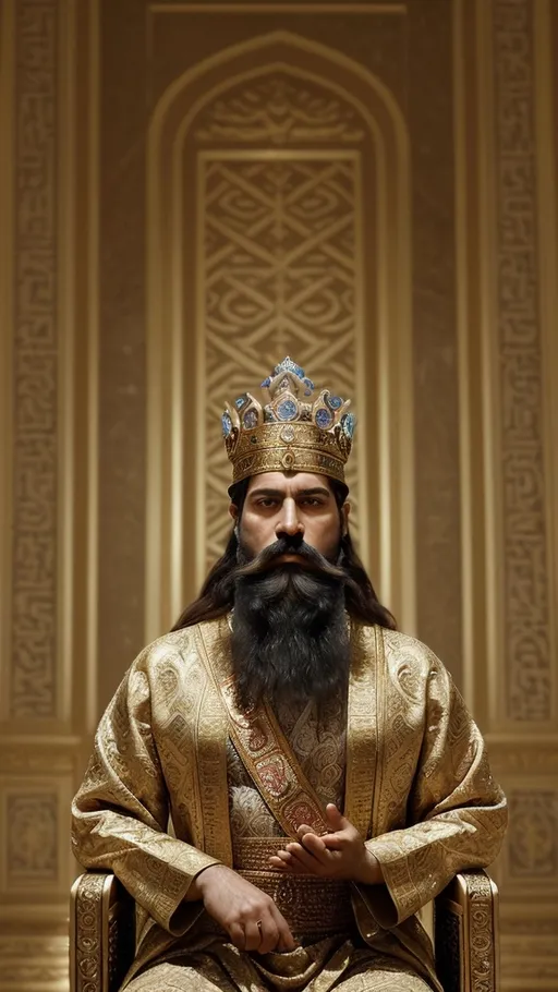 Prompt: A portrait of King Darius of ancient Babylon. He is a regal and imposing figure in his mid-40s, with a strong, authoritative presence. He has a full beard and mustache, and his hair is styled in a traditional Babylonian manner. His expression is one of wisdom and determination, but also with a hint of concern or thoughtfulness. He is adorned in luxurious royal attire, including a richly decorated robe with intricate patterns and a grand crown or headdress. The background features elements of Babylonian royalty, such as a richly decorated throne room with ornate columns and tapestries. The lighting is dramatic, highlighting his majestic and powerful demeanor