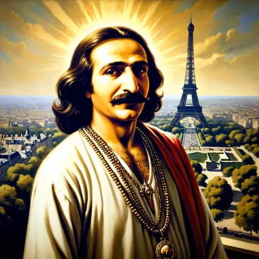 Prompt: Meher Baba resembling as a king from 1000BC, standing at the Eiffel Tower, oil painting, detailed facial features, divine aura, majestic presence, 4k, ultra-detailed, realistic, divine, oil painting, spiritual, warm tones, ethereal lighting, Parisian backdrop, iconic landmark, spiritual symbolism, color picture