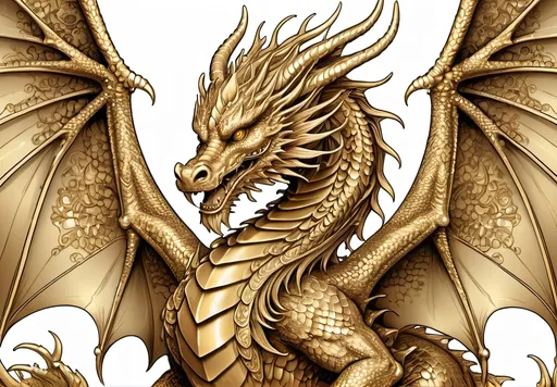 Prompt: Detailed line art illustration of a majestic golden dragon, intricate scales and powerful wings, luxurious gold tones, high-quality line work, fantasy, mythical creature, elaborate design, regal and menacing aura, ornate details, mythical, elegant, large-scale, majestic, intricate, detailed, gold tones, high-quality line work, fantasy