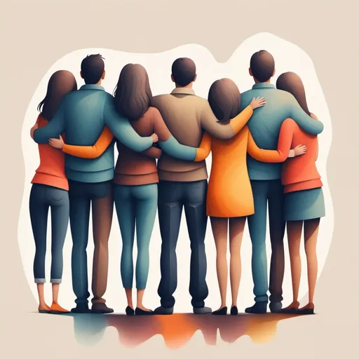 Prompt: abstract style family embrace, 7 people standing together with backs to the camera