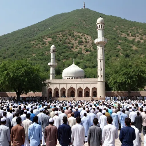 Prompt: faysal mosque, people there praying and going crowds margalla hills behind it fescinating its view