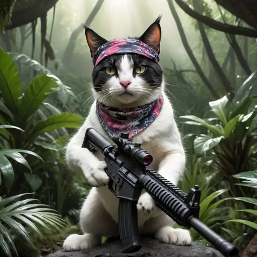 Prompt: (cat whose fur is two colors, black and white. The cat is wearing a bandana while riding a triceratops and shooting an AR15), high-action, dynamic scene, vibrant colors, fantastical setting, lush prehistoric jungle background, dramatic lighting, detailed foliage, 4K, ultra-detailed, highly realistic, epic atmosphere, sense of adventure, vivid color contrast, intense and thrilling mood, cinematic masterpiece.