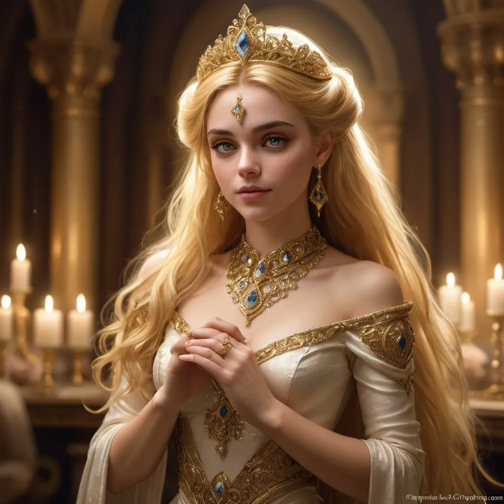 Prompt: Princess Elara admiring a glittering ring, cascading golden hair, serene expression, royal chamber, high-res, detailed, regal, fantasy, golden tones, soft lighting, romantic, regal attire, intricate jewelry, royal setting, elegant, romantic atmosphere, prince, regal chamber, royal, fantasy art, detailed hair, serene gaze, soft and warm lighting start dancing