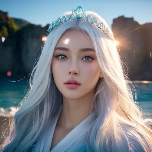 Prompt: A beautiful 15 ft tall 30 year old ((British)) Water elemental Queen with light skin and a beautiful face. She has long white hair and white eyebrows. She wears a beautiful slim blue dress. She has brightly glowing blue eyes and water droplet shaped pupils. She wears a blue tiara on her head. She has a blue aura around her. She is using blue water magic in battle against a giant monster at the beach. Epic battle scene. Full body art. {{{{high quality art}}}} ((goddess)). Illustration. Concept art. Symmetrical face. Digital. Perfectly drawn. A cool background.beautiful intricate colored white hair, symmetrical, anime wide eyes, soft lighting, detailed face, by makoto shinkai, stanley artgerm lau, wlop, rossdraws, , looking into camera Heavenly beauty, 256k, 100cm, f/1. 10, high detail, sharp focus, perfect anatomy, highly detailed, detailed and high quality background, oil painting, digital painting, Trending on artstation, UHD, 128K, quality, Big Eyes, artgerm, highest quality stylized character concept masterpiece, award winning digital 3d, hyper-realistic, intricate, 256K, UHD, HDR, image of a gorgeous, beautiful, dirty, highly detailed face, hyper-realistic facial features, cinematic 4D volumetric,ultrarealistic, perfect face, ultrafuturistic background heavenly beauty, 256k, 100cm, f/1. 10, high detail, sharp focus, perfect anatomy, highly detailed, detailed and high quality background, digital painting, Trending on artstation, UHD, 128K, quality, Big Eyes, artgerm, highest quality stylized character concept masterpiece, award winning digital 4d, hyper-realistic, intricate, 256K, UHD, HDR, image of a gorgeous, beautiful, dirty, highly detailed face, hyper-realistic facial features, cinematic 4D volumetric, 4D anime girl, Full HD render + immense detail + dramatic lighting + well lit + fine | ultra - detailed realism, full body art, lighting, high - quality, engraved, ((photorealistic)), ((hyperrealistic))