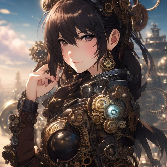 Prompt: women , brown short hair , eye with gears , steampunk outfit , light armor with big cleavage , steampunk contour earring , steampunk wings with gears

Illustration by Makoto shinkai.

heavenly beauty, 128k, 50mm, f/1. 4, high detail, sharp focus, perfect anatomy, highly detailed, detailed and high quality background, oil painting, digital painting, Trending on artstation, UHD, 128K, quality, Big Eyes, artgerm, highest quality stylized character concept masterpiece, award winning digital 3d, hyper-realistic, intricate, 128K, UHD, HDR, image of a gorgeous, beautiful, dirty, highly detailed face, hyper-realistic facial features, cinematic 3D volumetric,  3D anime girl, Full HD render + immense detail + dramatic lighting + well lit + fine | ultra - detailed realism, full body art, lighting, high - quality, engraved, ((photorealistic)), ((hyperrealistic))

