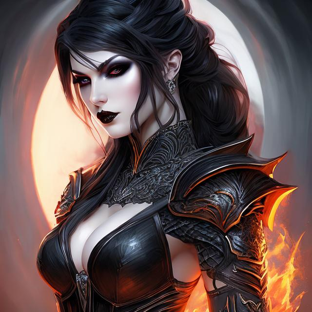 Prompt: women , hell, vampire , top model ,  light armor with big cleavage ,ponytail white hair with black highlights, , golden iris , goth clothe , cape , moon, elbow on knees hands together, seatting on a the hell throne, parted bangs, ethereal, royal vibe, highly detailed, digital painting, Trending on artstation, Big Eyes, artgerm, highest quality stylized character concept masterpiece, award winning digital 3d oil painting art, hyper-realistic, intricate, 64k, UHD, HDR, image of a gorgeous, beautiful, dirty, highly detailed face, hyper-realistic facial features, perfect anatomy in perfect composition of professional, long shot, sharp focus photography, cinematic 3d volumetric