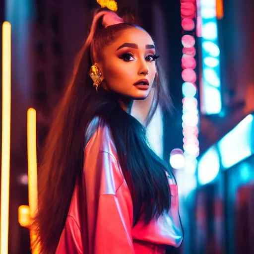 Prompt: Photo, portrait, very close up, 1girl, Ariana Grande , lipstick gloss, crouching in a narrow street, illuminated by neon lights at night, in front of a night club, looking directly at the camera, low-angle shot, heavenly beauty, 8k, 50mm, f/1. 4, high detail, sharp focus, perfect anatomy, highly detailed, detailed and high quality background, oil painting, digital painting, Trending on artstation, UHD, 128K, quality, Big Eyes, artgerm, highest quality stylized character concept masterpiece, award winning digital 3d, hyper-realistic, intricate, 128K, UHD, HDR, image of a gorgeous, beautiful, dirty, highly detailed face, hyper-realistic facial features, cinematic 3D volumetric, illustration by Marc Simonetti, Carne Griffiths, Conrad Roset, 3D anime girl, Full HD render + immense detail + dramatic lighting + well lit + fine | ultra - detailed realism, full body art, lighting, high - quality, engraved |