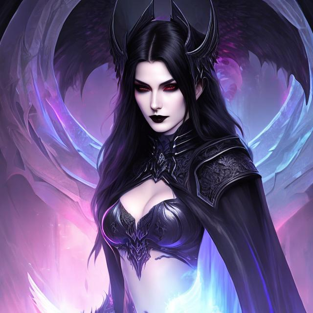 Prompt: women , hell, vampire ,  20 years old, light armor with big cleavage ,long  black hair with white highlights, gradient red iris , goth clothe , cape , moon, elbow on knees hands together, seatting on a the hell throne, parted bangs, ethereal, royal vibe, highly detailed, digital painting, Trending on artstation, Big Eyes, artgerm, highest quality stylized character concept masterpiece, award winning digital 3d oil painting art, hyper-realistic, intricate, 64k, UHD, HDR, image of a gorgeous, beautiful, dirty, highly detailed face, hyper-realistic facial features, perfect anatomy in perfect composition of professional, long shot, sharp focus photography, cinematic 3d volumetric