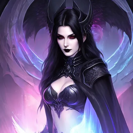 Prompt: women , hell, vampire ,  20 years old, light armor with big cleavage ,long  black hair with white highlights, gradient red iris , goth clothe , cape , moon, elbow on knees hands together, seatting on a the hell throne, parted bangs, ethereal, royal vibe, highly detailed, digital painting, Trending on artstation, Big Eyes, artgerm, highest quality stylized character concept masterpiece, award winning digital 3d oil painting art, hyper-realistic, intricate, 64k, UHD, HDR, image of a gorgeous, beautiful, dirty, highly detailed face, hyper-realistic facial features, perfect anatomy in perfect composition of professional, long shot, sharp focus photography, cinematic 3d volumetric