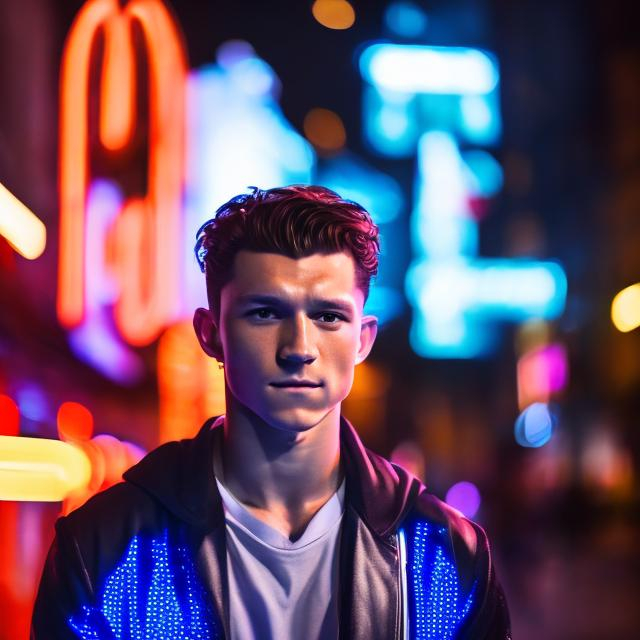 Prompt: Photo, portrait, very close up, 1 man, tom holland , crouching in a narrow street, illuminated by neon lights at night, in front of a night club, looking directly at the camera, low-angle shot, heavenly beauty, 8k, 50mm, f/1. 4, high detail, sharp focus, perfect anatomy, highly detailed, detailed and high quality background, oil painting, digital painting, Trending on artstation, UHD, 128K, quality, Big Eyes, artgerm, highest quality stylized character concept masterpiece, award winning digital 3d, hyper-realistic, intricate, 128K, UHD, HDR, image of a gorgeous, beautiful, dirty, highly detailed face, hyper-realistic facial features, cinematic 3D volumetric, illustration by Marc Simonetti, Carne Griffiths, Conrad Roset, 3D anime girl, Full HD render + immense detail + dramatic lighting + well lit + fine | ultra - detailed realism, full body art, lighting, high - quality, engraved |