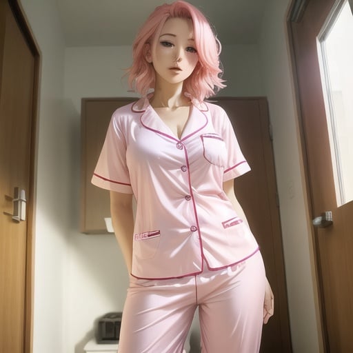 Prompt: a woman ((manga)) pink hair good anatomy pyjamas summer 