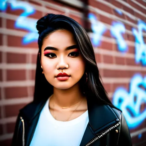 Prompt: In the midst of the urban chaos, a  young woman stands defiantly before a backdrop of a vibrant red brick wall covered in graffiti. The portrait demands precision and a high-quality professional photographic touch to capture her essence. The focus centers on her face, capturing every intricate detail of her piercing gaze and determined expression. Her short black hair is styled in a bold undercut, with a charmed touch of a blue streak cascading down one side. The lighting is crucial, as a single streetlamp casts a moody glow upon her, creating an atmosphere of mystery and adventure. She stands with one foot resting confidently on the graffiti-adorned brick wall, while her arms are defiantly crossed beneath her chest, exuding an aura of confidence and self-assurance. The detailed background showcases the raw beauty of urban street art, a reflection of her punk spirit and individuality. The photograph demands perfection in portraying the rebel spirit within her, capturing the essence of her fierce persona against the backdrop of a gritty urban setting. It is a vision of defiance, power, and artistic flair—a snapshot that encapsulates the heart and soul of a rebellious young punk woman embracing the night with unapologetic intensity.