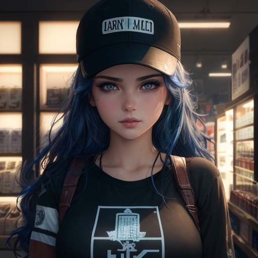 Prompt: Young woman, hair dyed blue, mossy blue eyes, a baseball cap placed carelessly on her head. She has her head resting on one hand. She has black makeup, with black kohl. She is behind the counter of a geek store. She seems to be deeply bored, her hand holds her head. Dark atmosphere, old shop. She has a badge with her name, "Lucy". Flawless text. 4D. 300k, 50mm, f/1.4, sharp focus, reflections, high-quality background , UHD, sharp focus, reflections, high-quality background
illustration by Marc Simonetti Carne Griffiths, Conrad Roset, 3D anime girl, Full HD render + immense detail + dramatic lighting + well lit + fine | ultra - detailed realism, full body art, lighting, high - quality, engraved, ((photorealistic)), ((hyperrealistic)), ((perfect eyes)), ((perfect skin)), ((perfect hair)), ((perfect shadow)), ((perfect light))