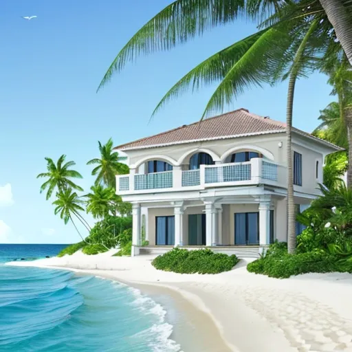 Prompt: house designer , sea , paradisiac beach , water with waves