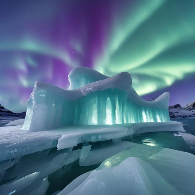 Prompt: ice, Building with wave concept architecture , night , Aurora borealis