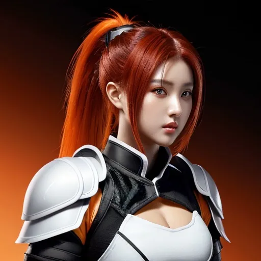 Prompt: white and black light armor with big cleavage , big ponytail hair , red gradient hair , orange gradient eye 