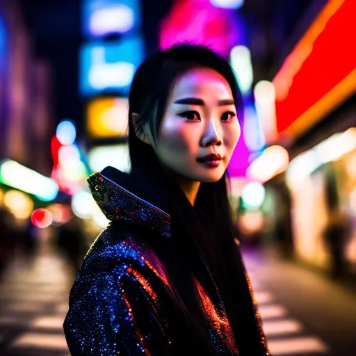 Prompt: Photo, portrait, very close up, 1 women , asiat, crouching in a narrow street, illuminated by neon lights at night, in front of a night club, looking directly at the camera, low-angle shot, heavenly beauty, 8k, 50mm, f/1. 4, high detail, sharp focus, perfect anatomy, highly detailed, detailed and high quality background, oil painting, digital painting, Trending on artstation, UHD, 128K, quality, Big Eyes, artgerm, highest quality stylized character concept masterpiece, award winning digital 3d, hyper-realistic, intricate, 128K, UHD, HDR, image of a gorgeous, beautiful, dirty, highly detailed face, hyper-realistic facial features, cinematic 3D volumetric, illustration by Marc Simonetti, Carne Griffiths, Conrad Roset, 3D anime girl, Full HD render + immense detail + dramatic lighting + well lit + fine | ultra - detailed realism, full body art, lighting, high - quality, engraved |