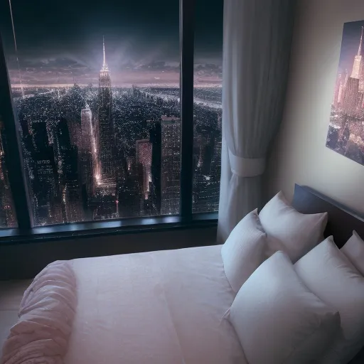 Prompt: a luxury bedroom , neon ,windows with a view of New York at night ((view of empire state bulding))