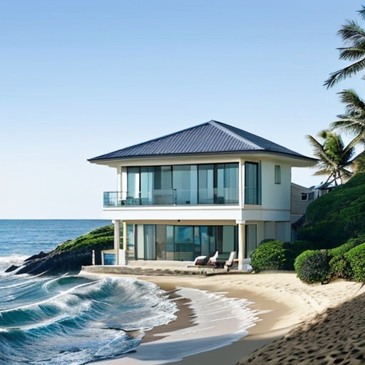 Prompt: house designer , sea , beach , water with waves