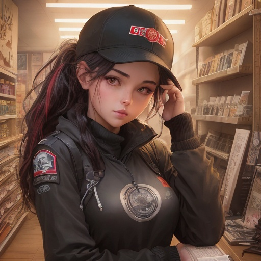 Prompt: Young woman, ponytail black with 
red highlights mossy yellow gold eyes, a baseball cap placed carelessly on her head. She has her head resting on one hand. She has black makeup, with black kohl. She is behind the counter of a geek store. She seems to be deeply bored, her hand holds her head. Dark atmosphere, old shop. She has a badge with her name, "Lucy". Flawless text. 4D. 300k, 50mm, f/1.4, sharp focus, reflections, high-quality background , UHD, sharp focus, reflections, high-quality background
illustration by Marc Simonetti Carne Griffiths, Conrad Roset, 3D anime girl, Full HD render + immense detail + dramatic lighting + well lit + fine | ultra - detailed realism, full body art, lighting, high - quality, engraved, ((photorealistic)), ((hyperrealistic)), ((perfect eyes)), ((perfect skin)), ((perfect hair)), ((perfect shadow)), ((perfect light))