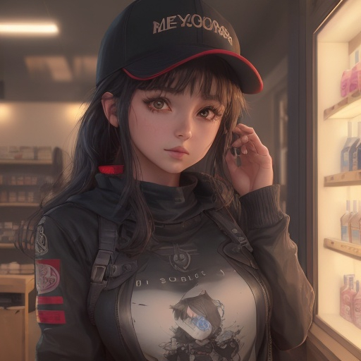 Prompt: Young woman, ponytail black with 
red highlights mossy yellow gold eyes, a baseball cap placed carelessly on her head. She has her head resting on one hand. She has black makeup, with black kohl. She is behind the counter of a geek store. She seems to be deeply bored, her hand holds her head. Dark atmosphere, old shop. She has a badge with her name, "Lucy". Flawless text , parted bangs. 4D. 300k, 50mm, f/1.4, sharp focus, reflections, high-quality background , UHD, sharp focus, reflections, high-quality background
illustration by Marc Simonetti Carne Griffiths, Conrad Roset, 3D anime girl, Full HD render + immense detail + dramatic lighting + well lit + fine | ultra - detailed realism, full body art, lighting, high - quality, engraved, ((photorealistic)), ((hyperrealistic)), ((perfect eyes)), ((perfect skin)), ((perfect hair)), ((perfect shadow)), ((perfect light))