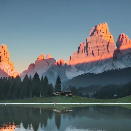Prompt: a mountain ((Dolomites)) with a lake and a forest around wooden barriers