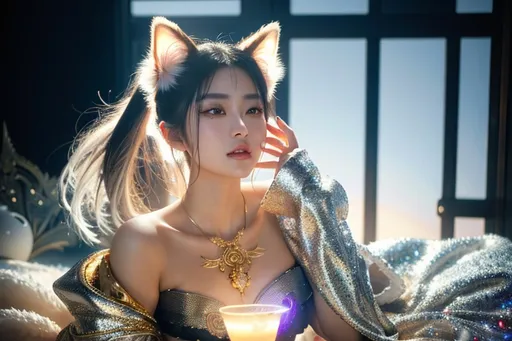 Prompt: kitsune female, delicate physique , Cup D, soft white fur, partial silver mask, gold eyes, intricate and ornate garments, cyberpunk Heavenly beauty, 128k, 50mm, f/1. 4, high detail, sharp focus, perfect anatomy, highly detailed, detailed and high quality background, oil painting, digital painting, Trending on artstation, UHD, 128K, quality, Big Eyes, artgerm, highest quality stylized character concept masterpiece, award winning digital 3d, hyper-realistic, intricate, 128K, UHD, HDR, image of a gorgeous, beautiful, dirty, highly detailed face, hyper-realistic facial features, cinematic 3D volumetric, 