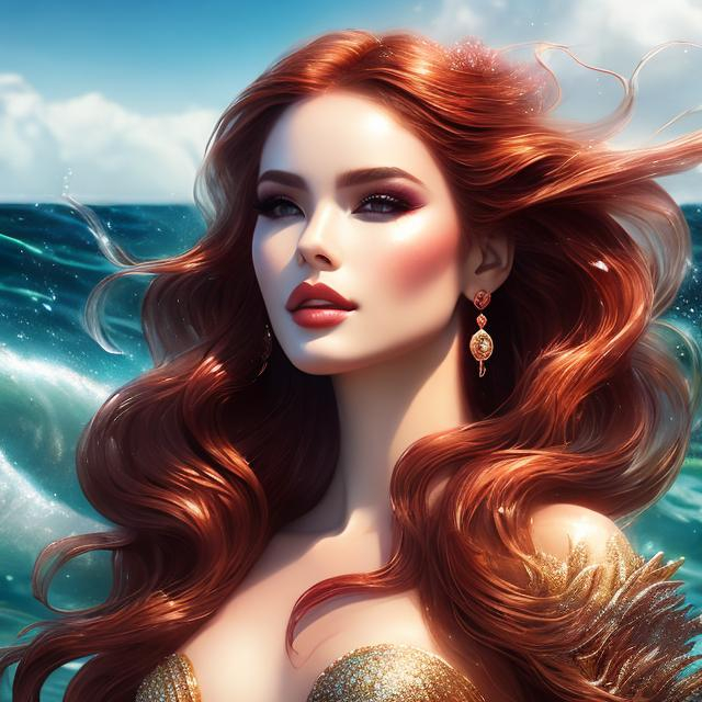 Prompt: 1 women mermaid , red  cherry long hair , make-up  , swimwear , sea , beach , water with waves , portrait

heavenly beauty, 128k, 50mm, f/1. 4, high detail, sharp focus, perfect anatomy, highly detailed, detailed and high quality background, oil painting, digital painting, Trending on artstation, UHD, 128K, quality, Big Eyes, artgerm, highest quality stylized character concept masterpiece, award winning digital 3d, hyper-realistic, intricate, 128K, UHD, HDR, image of a gorgeous, beautiful, dirty, highly detailed face, hyper-realistic facial features, cinematic 3D volumetric, illustration by Marc Simonetti, Carne Griffiths, Conrad Roset, 3D anime girl, Full HD render + immense detail + dramatic lighting + well lit + fine | ultra - detailed realism, full body art, lighting, high - quality, engraved, ((photorealistic)), ((hyperrealistic)),  ((perfect eyes)), ((perfect skin)), ((perfect hair))