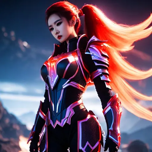 Prompt: white and black light armor with big cleavage , big ponytail hair , red gradient hair , orange gradient eye ,  android , wing
