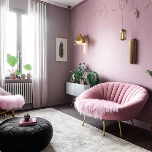 Prompt: 1 cozy armchair, pink, fluffy, in a living room with a black tiled floor, two windows with black hangings, walls with powder pink tapestry and gold designs, a natural wood wardrobe, a futurist radiator, a futurist chandelier with white feathers, a white carpet below a rectangular black futurist living room coffee table, large flat screen TV on the walls with small futurist storage unit below the TV on the floor, sound bars on either side small TV storage unit, bouquet of red roses in a black and white futurist vase on the table

Illustration by Makoto shinkai.

heavenly beauty, 128k, 50mm, f/1. 4, high detail, sharp focus, perfect anatomy, highly detailed, detailed and high quality background, oil painting, digital painting, Trending on artstation, UHD, 128K, quality,  artgerm, highest quality stylized character concept masterpiece, award winning digital 3d, hyper-realistic, intricate, 128K, UHD, HDR, image of a gorgeous, beautiful, dirty, highly , hyper-realistic features, cinematic 3D volumetric,   Full HD render + immense detail + dramatic lighting + well lit + fine | ultra - detailed realism, lighting, high - quality, engraved, ((photorealistic)), ((hyperrealistic))