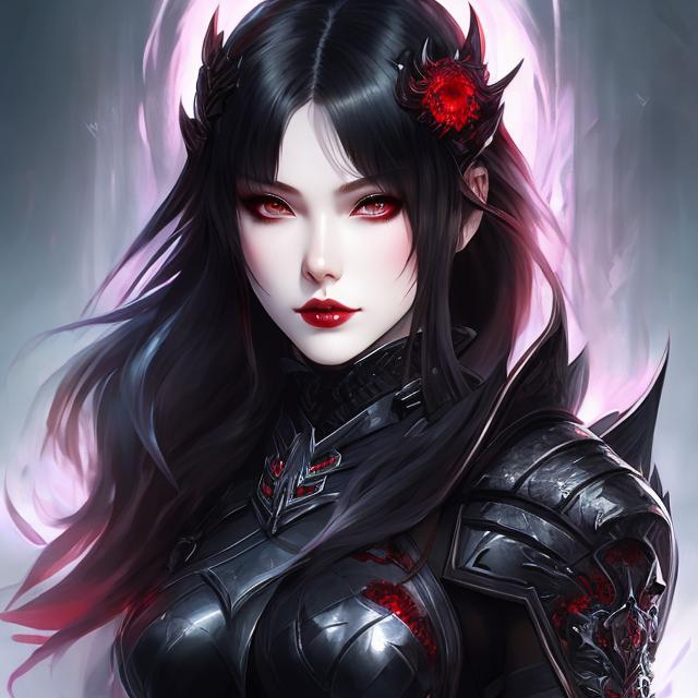 Prompt: girl , hell, demon, 20 years old, 
light armor with big cleavage ,long ponytail red hair with black highlights, black conjunctiva with red iris, goth clothe , elbow on knees hands together, seatting on a the hell throne, parted bangs, ethereal, royal vibe, highly detailed, digital painting, Trending on artstation, Big Eyes, artgerm, highest quality stylized character concept masterpiece, award winning digital 3d oil painting art, hyper-realistic, intricate, 64k, UHD, HDR, image of a gorgeous, beautiful, dirty, highly detailed face, hyper-realistic facial features, perfect anatomy in perfect composition of professional, long shot, sharp focus photography, cinematic 3d volumetric