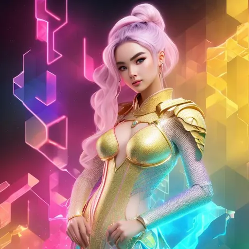 Prompt: women , light armor with big cleavage , lemon ponytail hair , gold  eye  , holographic outfit
, kitsune holographic tail

full color fractal Formula: z² + c + (z² + c) / (3z³ + c) background in voronoi sky and phoenix,  1little woman,(masterpiece, illustration, best quality:1.5), insanely beautiful black ice SKADI little woman, ice blue body painting, global illumination, finely detailed, beautiful defined detailed face, beautiful detailed eyes, beautiful detailed shading, highly Detailed body, finely detailed, (3_ice_crystal_halos), tilted halos, full body, body lightly covered with frost, frosty wild hair, ice elements, ice particles, snowy and icy atmosphere, , full body focus, beautifully detailed background, cinematic, 64K, UHD, by Li Yue

Illustration by Makoto shinkai.

heavenly beauty, 128k, 50mm, f/1. 4, high detail, sharp focus, perfect anatomy, highly detailed, detailed and high quality background, oil painting, digital painting, Trending on artstation, UHD, 128K, quality, Big Eyes, artgerm, highest quality stylized character concept masterpiece, award winning digital 3d, hyper-realistic, intricate, 128K, UHD, HDR, image of a gorgeous, beautiful, dirty, highly detailed face, hyper-realistic facial features, cinematic 3D volumetric,  3D anime girl, Full HD render + immense detail + dramatic lighting + well lit + fine | ultra - detailed realism, full body art, lighting, high - quality, engraved, ((photorealistic)), ((hyperrealistic))
