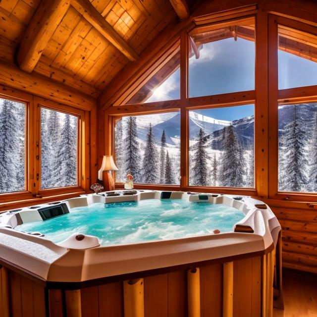 Prompt: Capture a precise, professional-grade in the highest possible quality photography chalet with a jacuzzi interior cozy window with view of a snowy mountain