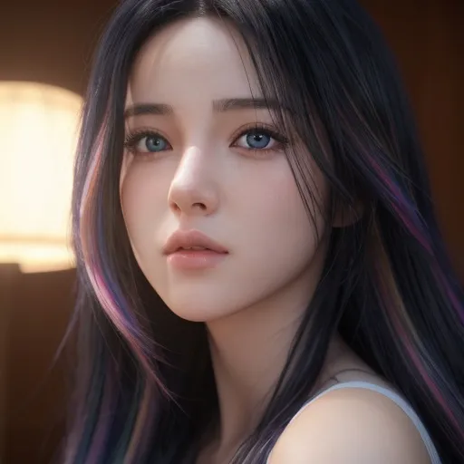 Prompt: A girl , 20 years old with rainbow hair , human , full body heavenly beauty, 128k, 50mm, f/1. 4, high detail, sharp focus, perfect anatomy, highly detailed, detailed and high quality background, oil painting, digital painting, Trending on artstation, UHD, 128K, quality, Big Eyes, artgerm, highest quality stylized character concept masterpiece, award winning digital 3d, hyper-realistic, intricate, 128K, UHD, HDR, image of a gorgeous, beautiful, dirty, highly detailed face, hyper-realistic facial features, cinematic 3D volumetric, illustration by Marc Simonetti, Carne Griffiths, Conrad Roset, 3D anime girl, Full HD render + immense detail + dramatic lighting + well lit + fine | ultra - detailed realism, full body art, lighting, high - quality, engraved, ((photorealistic)), ((hyperrealistic)), ((perfect eyes)), ((perfect skin)), ((perfect hair))