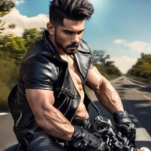 Prompt: a man , biker with leather Tshirt muscular body , leaning on his motorcycle, US road landscape 

heavenly beauty, 128k, 50mm, f/1. 4, high detail, sharp focus, perfect anatomy, highly detailed, detailed and high quality background , Trending on artstation, UHD, 128K, quality, Big Eyes, artgerm, highest quality stylized character concept masterpiece, award winning digital 3d, hyper-realistic, intricate, 128K, UHD, HDR, image of a gorgeous, beautiful, dirty, highly detailed face, hyper-realistic facial features, cinematic 3D volumetric,  Carne Griffiths, Conrad Roset, 3D,  Full HD render + immense detail + dramatic lighting + well lit + fine | ultra - detailed realism, full body art, lighting, high - quality, engraved, ((photorealistic)), ((hyperrealistic)), ((perfect eyes)), ((perfect skin)), ((perfect hair))