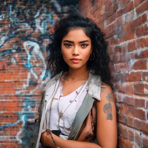 Prompt: In the midst of the urban chaos, a  young woman stands defiantly before a backdrop of a vibrant red brick wall covered in graffiti. The portrait demands precision and a high-quality professional photographic touch to capture her essence. The focus centers on her face, capturing every intricate detail of her piercing gaze and determined expression. Her short black hair is styled in a bold undercut, with a charmed touch of a blue streak cascading down one side. The lighting is crucial, as a single streetlamp casts a moody glow upon her, creating an atmosphere of mystery and adventure. She stands with one foot resting confidently on the graffiti-adorned brick wall, while her arms are defiantly crossed beneath her chest, exuding an aura of confidence and self-assurance. The detailed background showcases the raw beauty of urban street art, a reflection of her punk spirit and individuality. The photograph demands perfection in portraying the rebel spirit within her, capturing the essence of her fierce persona against the backdrop of a gritty urban setting. It is a vision of defiance, power, and artistic flair—a snapshot that encapsulates the heart and soul of a rebellious young punk woman embracing the night with unapologetic intensity.