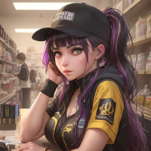 Prompt: Young woman, ponytail black with 
rainbow highlights mossy yellow gold eyes, a baseball cap placed carelessly on her head ((K/DA)). K/DA clothes She has her head resting on one hand. She has black makeup, with black kohl. She is behind the counter of a geek store. She seems to be deeply bored, her hand holds her head. Dark atmosphere, old shop. She has a badge with her name, "Lucy". Flawless text , parted bangs. 4D. 300k, 50mm, f/1.4, sharp focus, reflections, high-quality background , UHD, sharp focus, reflections, high-quality background
illustration by Marc Simonetti Carne Griffiths, Conrad Roset, 3D anime girl, Full HD render + immense detail + dramatic lighting + well lit + fine | ultra - detailed realism, full body art, lighting, high - quality, engraved, ((photorealistic)), ((hyperrealistic)), ((perfect eyes)), ((perfect skin)), ((perfect hair)), ((perfect shadow)), ((perfect light))